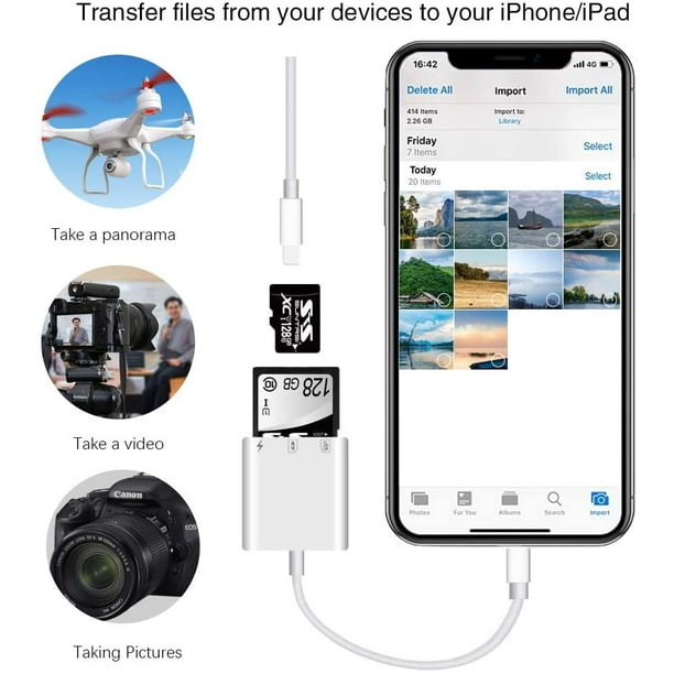 [Certificado MFi] Lector de tarjetas SD para iPhone iPad, cámara de juego  QIMIAOUS Trail Visor de tarjetas SD con doble ranura para MicroSD/SD