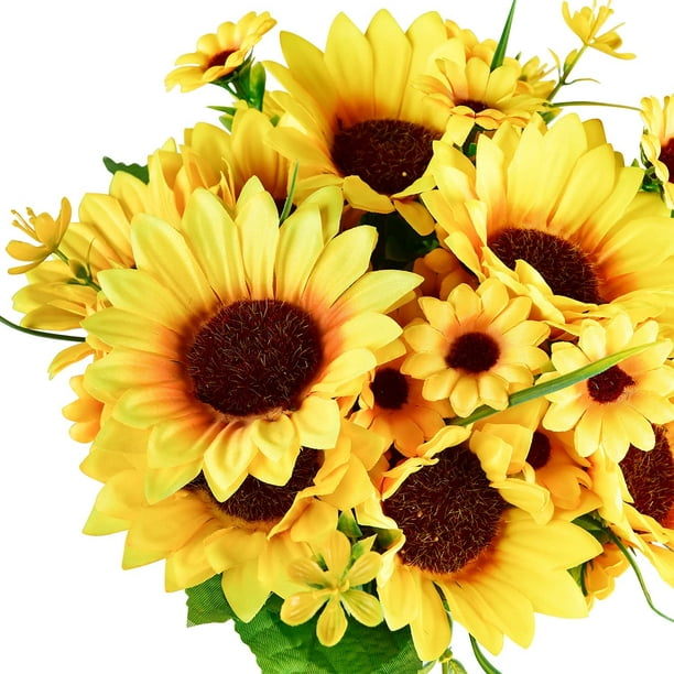 Omldggr Paquete de 2 girasoles artificiales en maceta, girasoles de  imitación amarillos, flores artificiales con maceta de metal para  primavera