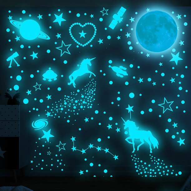 Estrellas que brillan en la oscuridad para techo, calcomanías de pared de  unicornio, decoración de pared de unicornio para dormitorio de niñas,  calcomanías luminosas de unicornio estrellas planeta : Bebés 