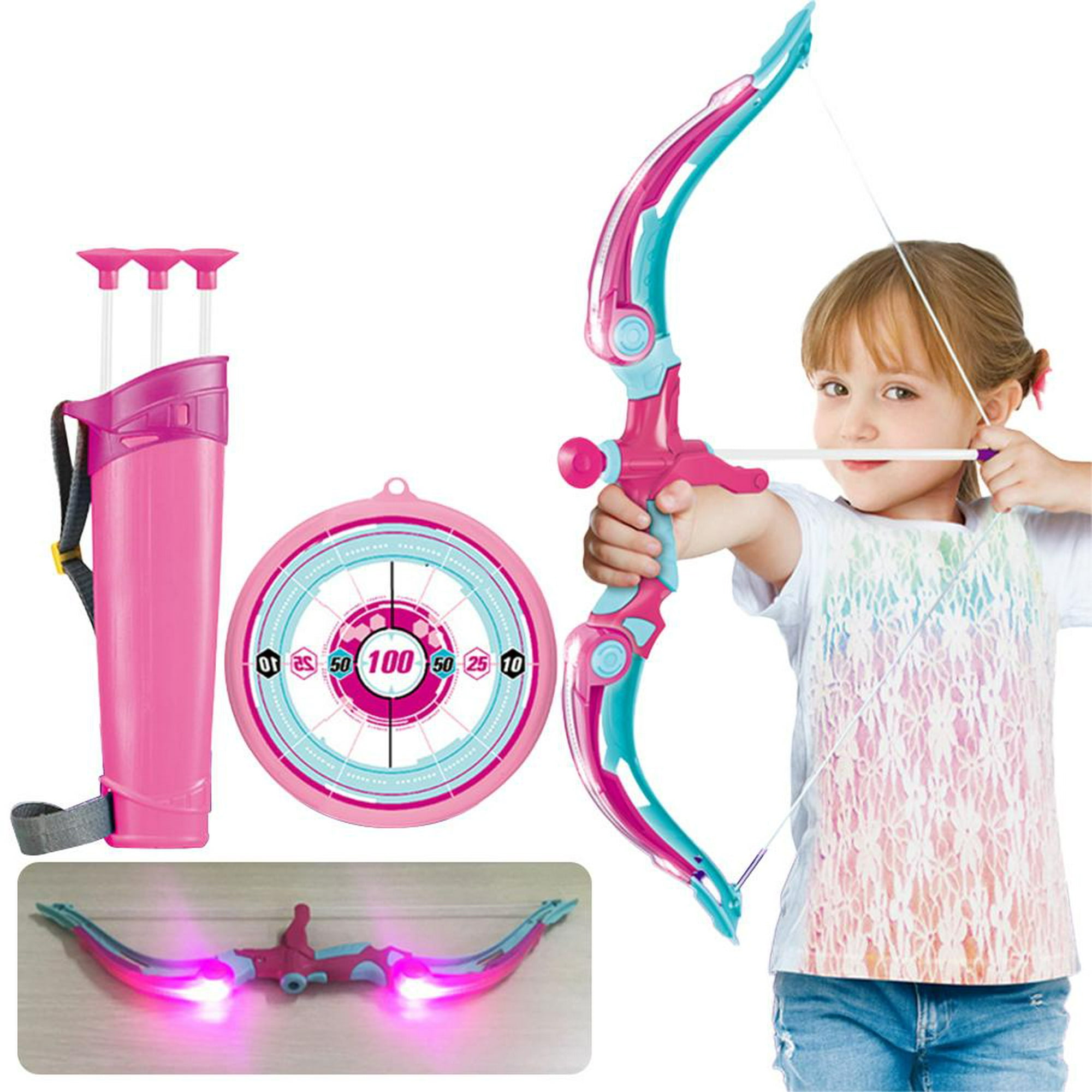 al aire libre y interior caza juego de plástico arco y flecha juguetes tiro  con luces led y 3 ventosas flechas para niños