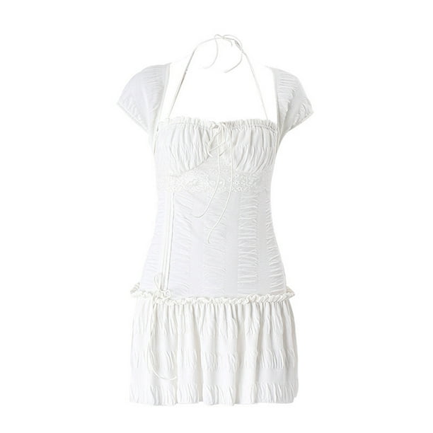 Vestido Blanco Vestido de verano elegante con cuello cuadrado para mujer  con pliegues Y2K Ropa de ve Cgtredaw Para estrenar