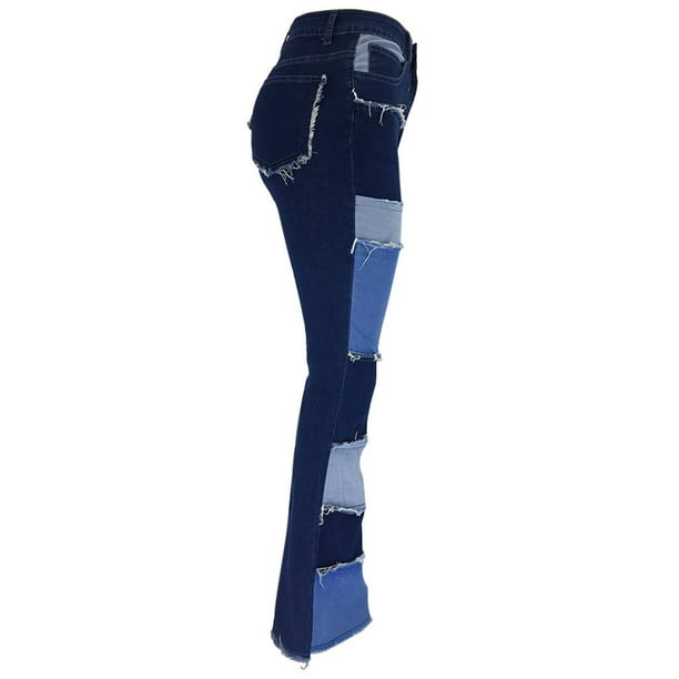Jeans Acampanados Azul Marino, Pantalones De Mezclilla De Piernas Anchas  Con Parte Inferior De Campana De Cintura Alta, Jeans Y Ropa De Mujer