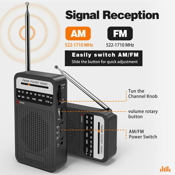 Radio portátil AM/FM, 2AA funciona con pilas, enchufe de pared o funciona  con pilas para el hogar y al aire libre, fuerte recepción, radio con  altavoz