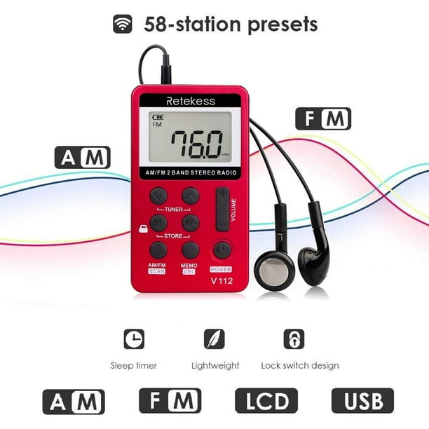 Radio de bolsillo AM FM, mini receptor de radio de bolsillo estéreo AM/FM  de 2 bandas con pantalla LCD, radio Walkman con auriculares, batería