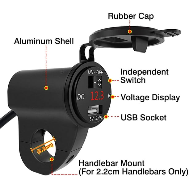 Cargador USB para motocicleta, cargador USB dual de 5 V 3,4 A con  voltímetro e