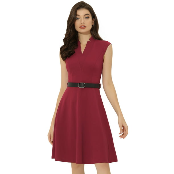 Vestido elegante para mujer con cuello dividido para trabajar vestidos sin  mangas Vino Rojo L Unique Bargains Vestido