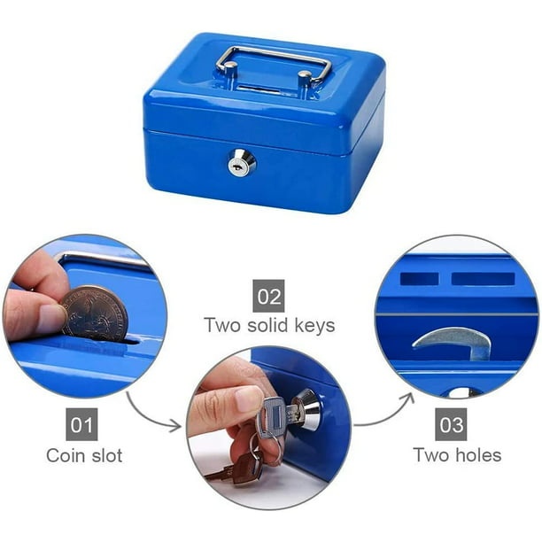 Caja de Efectivo con Cerradura de Llave, Hucha de Metal portátil de Doble  Capa y 2 Llaves de Seguridad 12,5 * 10 * 5,6 cm (S, Azul) Sincero