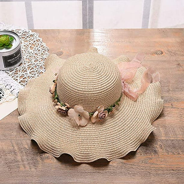 Sombrero de paja para mujer, gorra para el sol de ala ancha, protección UV,  playa plegable de verano con decoración de flores para viajes de ocio  LingWen 8390605773068