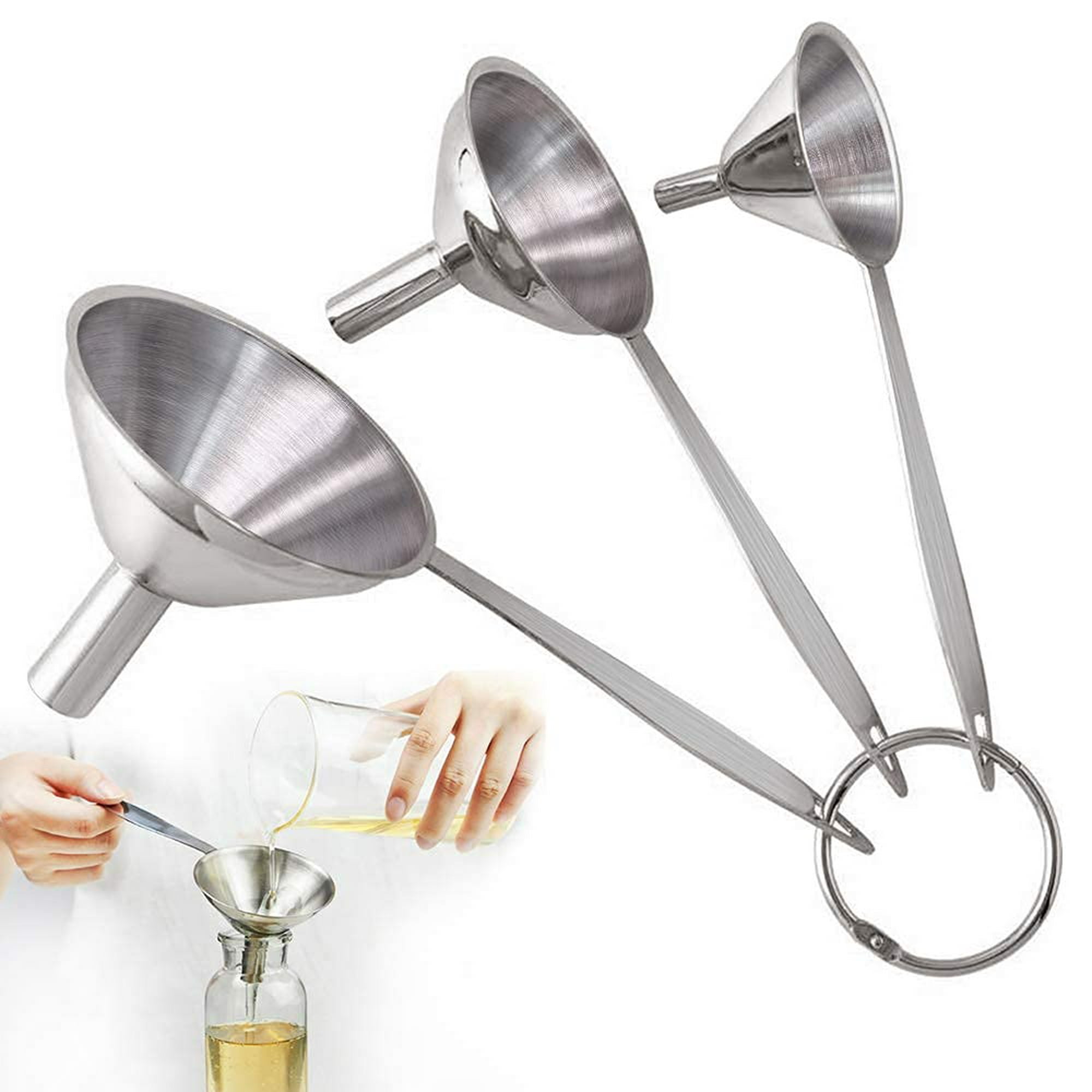 Embudos pequeños para llenar botellas, juego de 3 embudos de cocina de  acero inoxidable con mango largo, mini embudo de metal de grado alimenticio