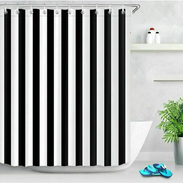 Cortina de ducha de tela a rayas grises y blancas para baño