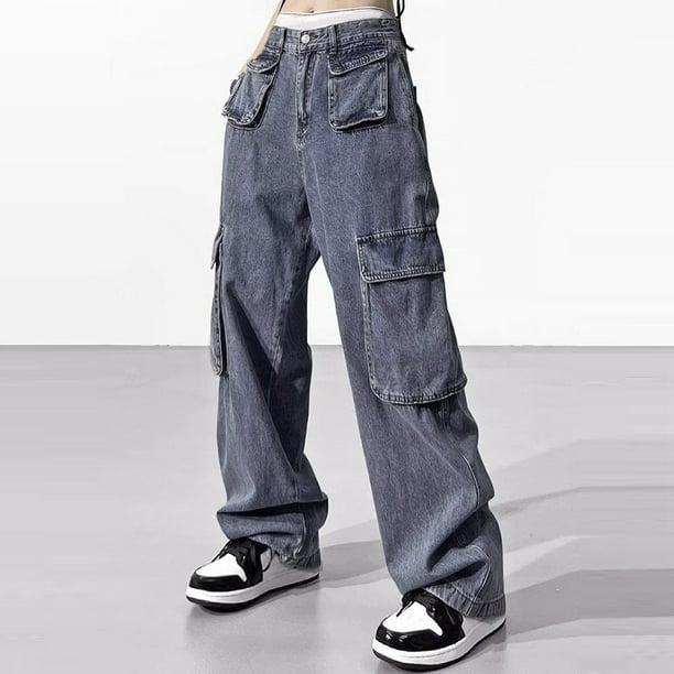 Gibobby Pantalones tipo cargo para mujer Pantalones vaqueros de cintura alta  estilo urbano para mujer(Azul,XL)