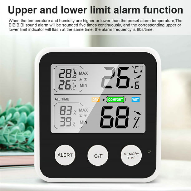 Medidor de humedad y temperatura digital Termómetro de plástico para  interiores Higrómetro Alarma de pantalla grande con pilas para oficina en  casa TS-9909-B Yuarrent HA009466-02B