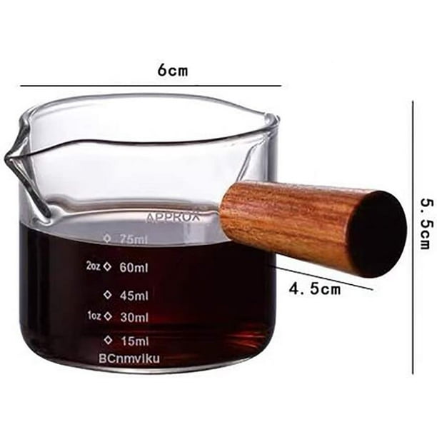 Taza medidora de vidrio, taza de leche de vidrio expreso con mango de  madera, vaso de chupito transparente para café leche (01)