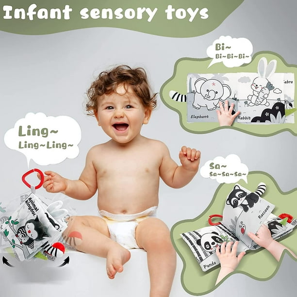 Libros para bebés suaves arrugados de 0 a 6 meses, tacto 3D, libro de tela  de alto contraste, juguetes sensoriales para bebés de 0 a 6 a 12 meses,  juguetes para cochecito