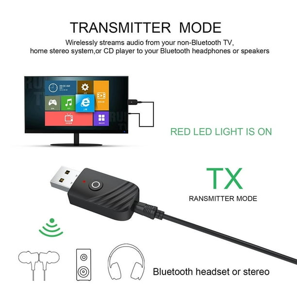 transmisor bluetooth 5.0 + EDR adaptador de audio para TV PC auriculares  AUX USB estéreo música adaptador inalámbrico negro