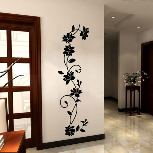 Pegatinas de pared con espejo acrílico de vid de flores, elegante adhesivo  de pared con ajuste de espejo, decoración de pared con espejo adhesivo para  el hogar, sala de estar, dormitorio, negro