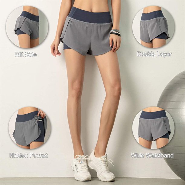 Pantalones cortos para correr para mujer Pantalones cortos de yoga 2 en 1  con bolsillo para teléfono MFZFUKR HMHZ842-4