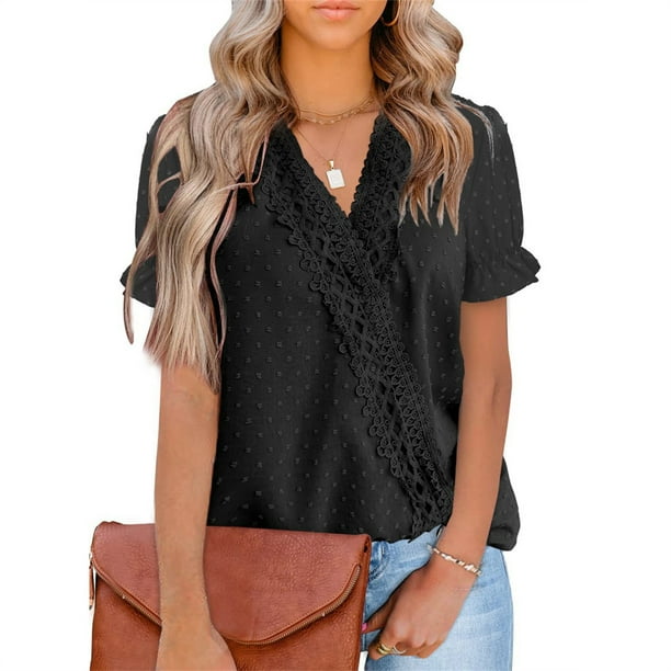 Qarigey Camisa de manga corta para mujer con cuello en V Tops de verano con  blusa de encaje Suministros Ropa, zapatos y accesorios Miscelánea Negro SG