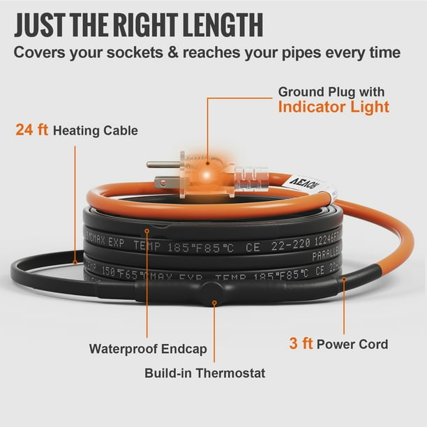 VEVOR Cable calefactor de tubería autorregulable, cinta térmica de 60 pies  5 W/pie para protección contra congelación de tuberías, protege mangueras