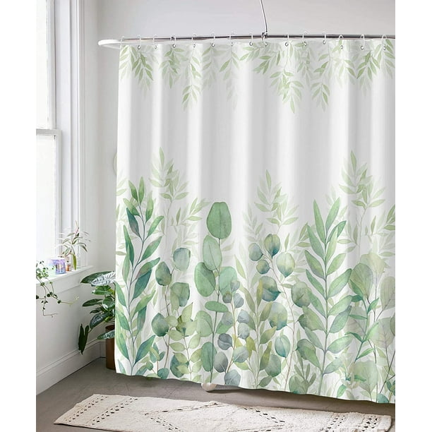 Cortina de ducha de eucalipto verde, hojas de plantas, cortinas de ducha  para baño, juego de cortinas de ducha botánicas con 12 ganchos (verde)