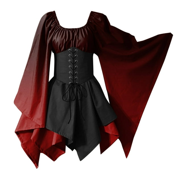  Disfraz medieval para mujer, vestido irlandés tipo camisa con  manga trompeta con corsé, vestido tradicional para Halloween, para mujer,  talla M, Negro - : Deportes y Actividades al Aire Libre