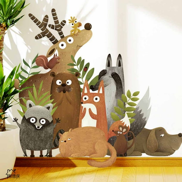 Ounissouiy 2 uds pegatina de pared animales de dibujos animados papel tapiz  pintado a mano extraíble PVC arte hogar calcomanías dormitorio Decoración  del hogar