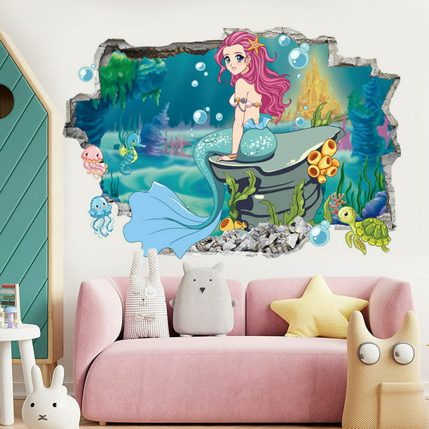 Moderno cartel de princesa 3D con escamas Kawaii con cola de pez con papel  tapiz mágico, calcomanías de pared para pegar y despegar, papel mural de