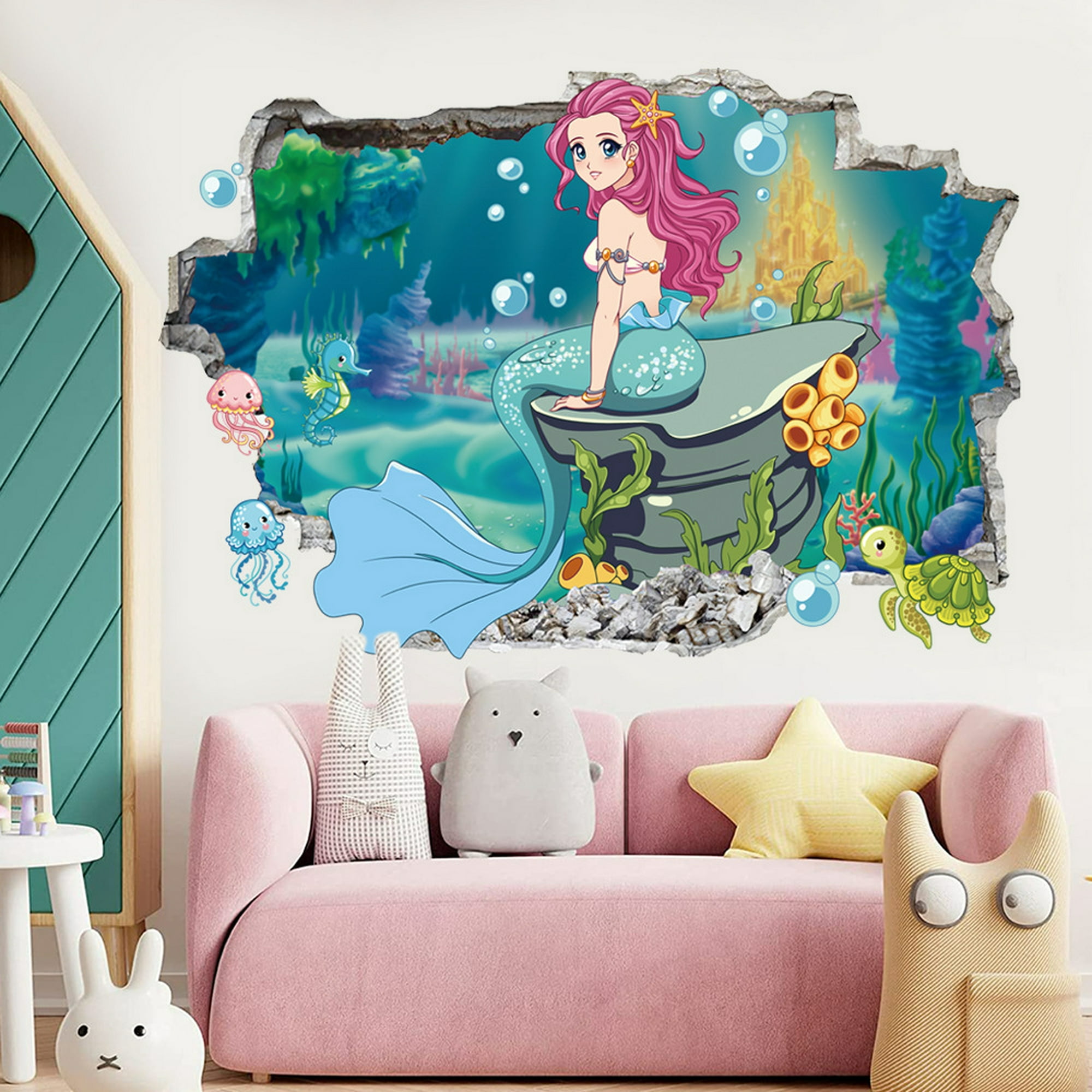  Moderno banner 3D Kawaii con escamas de princesa con cola de  pez con papel tapiz mágico para pegar y despegar, papel mural de pared  extraíble para sala de estar, dormitorio, fondo