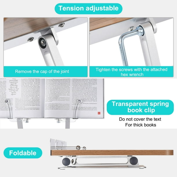 Soporte para libros de 360 grados para lectura, soporte para libros de  escritorio, altura ajustable, soporte de libro grande para escritorio con  clips
