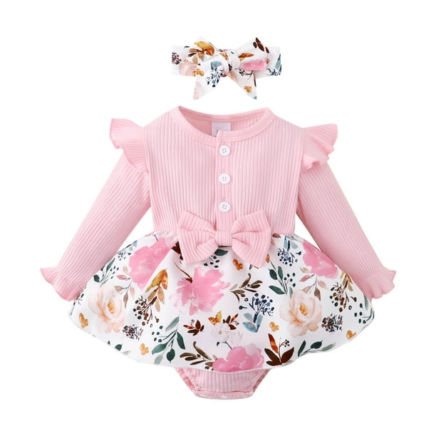 Gibobby Mamelucos para bebe niña Conjunto de ropa para niña bebé, mono de  manga larga con estampado Floral para niñas, mono, conjunto de diadema(Rosa,  0-3 Meses)