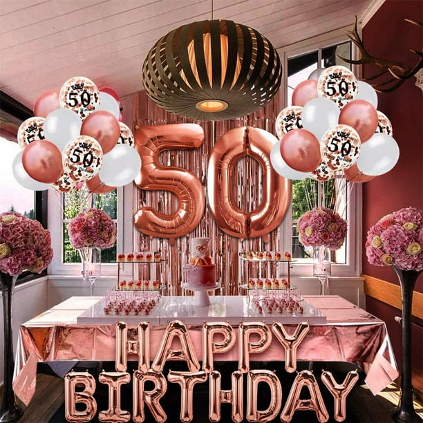 RV Decoración 50 cumpleaños oro rosa, cartel de feliz cumpleaños, globo de  helio números 50 XXL, cortina con flecos de oro rosa, confeti de látex,  decoración de números, confeti, niña y mujer