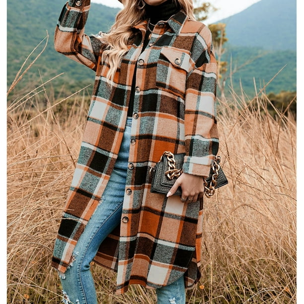 Camisa A Cuadros De Franela Larga Para Mujer Camisas A Cuadros De Franela Larga Con Solapa De Poliester Bolsillos Cubiertos Con Botones Manga Larga Para El Hogar Para El ANGGREK Naranja XL