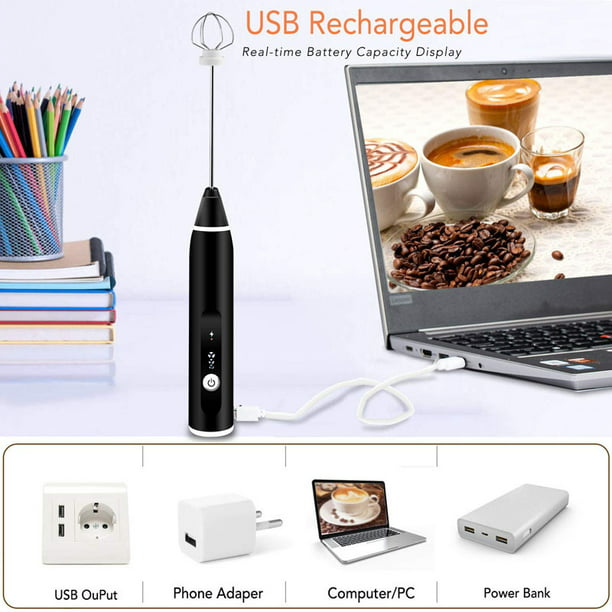 Espumador de leche portátil recargable por USB con 2 batidores de acero  inoxidable, mini mezclador de 3 velocidades ajustables para café, latte