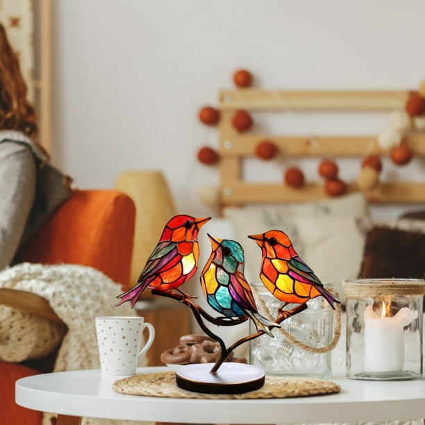 Adorno de estatua de pájaros de colores, decoración de pájaros acrílicos,  pájaros decorativos de metal en rama, adornos de escritorio para decoración