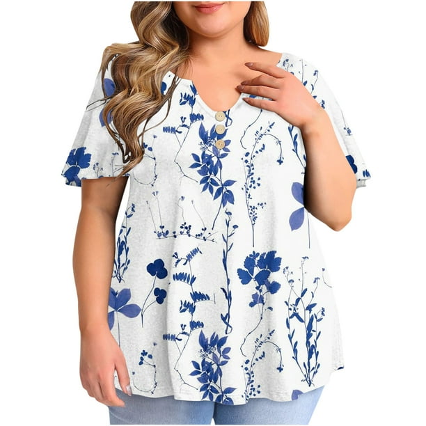 Blusa de manga corta con estampado informal elegante para mujer blusa holgada de talla grande con v OAVQHLG3B Store lin121212