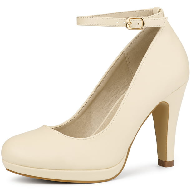 Zapatos de alto con correa en el tobillo y punta redonda para mujer Beige-PU 37 Unique Bargains Zapatillas | Walmart en línea