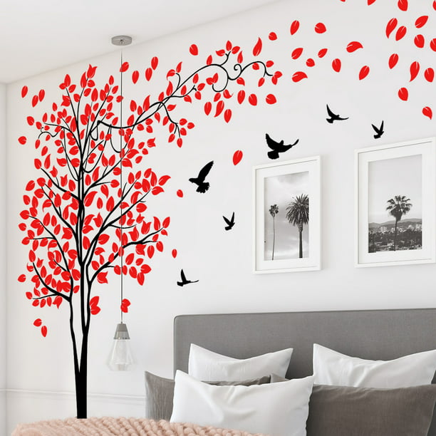 Un conjunto de pegatinas de pared hojas de árbol pegatinas decorativas de  pájaros rojos, pegatina de pared para dormitorio, sala de estar, oficina