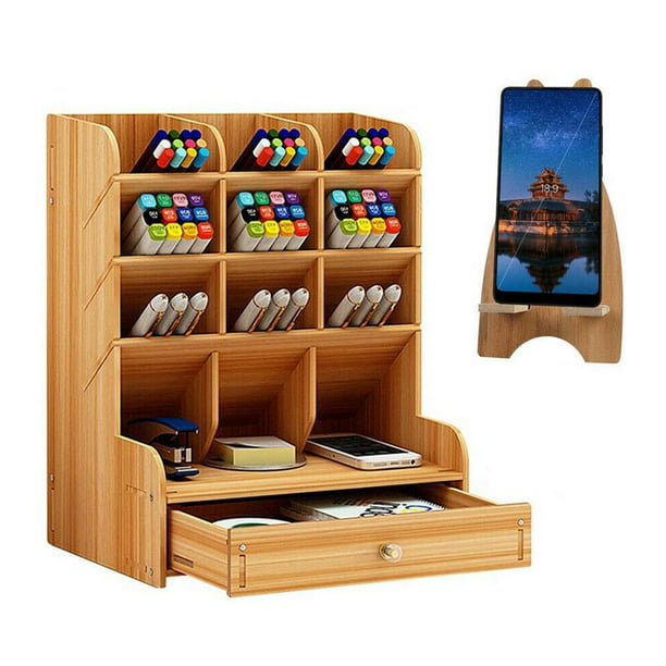 Organizador de escritorio de madera, caja multifuncional pa bolígrafos DIY,  escritorio estacionio, suministros de oficina en casa, estante de cerezo