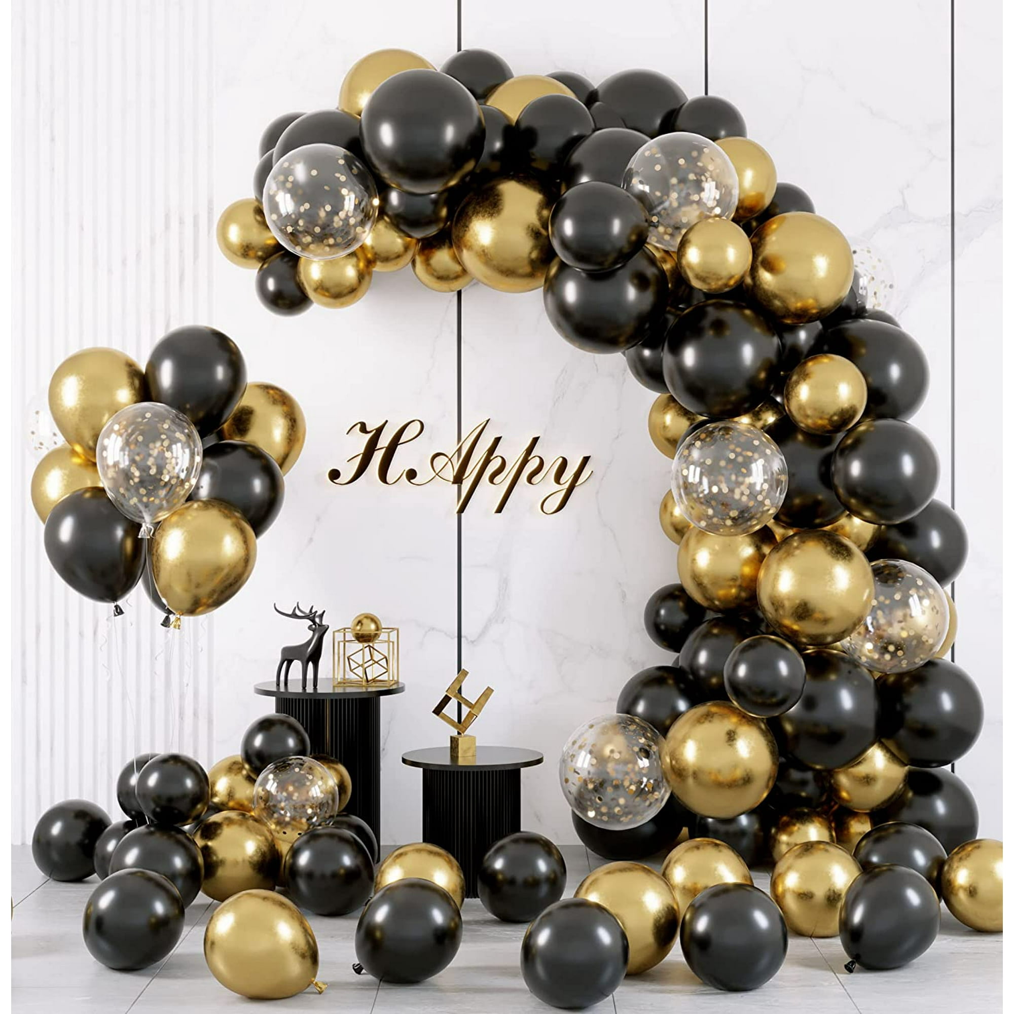 PartyWoo Globos negros y dorados, paquete de 100 globos negros de 12  pulgadas y globos metálicos dorados, globos de látex para decoraciones de