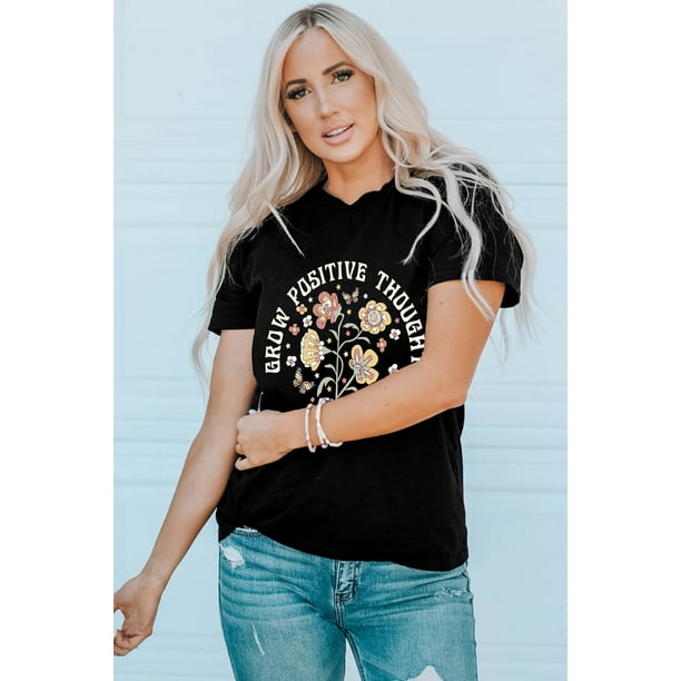 Camiseta con estampado de flores para mujer, camiseta negra para