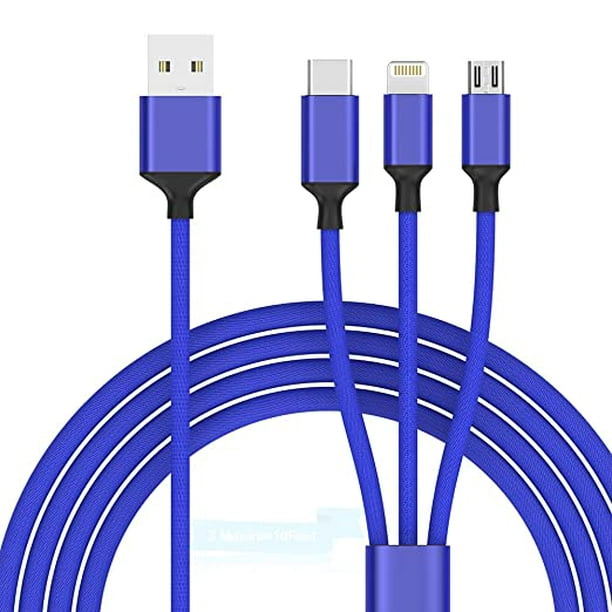 Cable USB Múltiple, Cable de Carga Universal de Nylon 3 en 1, iPhone, Micro  USB, Tipo C, para Android Azul 1,2 m JM