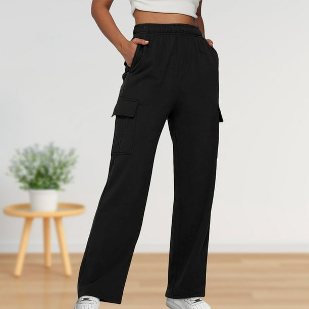 Pantalones Anchos Pantalones de pierna ancha para mujer Pantalones casuales  de cintura alta de algodón con bolsillos (Negro XL) Kuymtek para Mujer