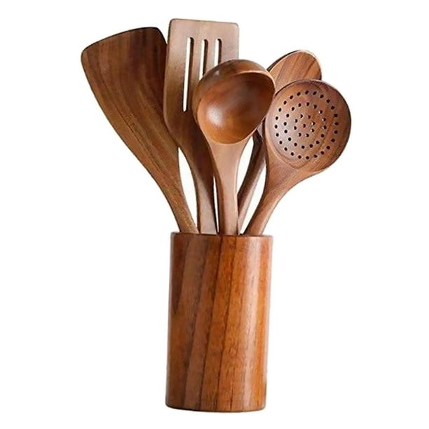 Mooues Juego de 6 cucharas de madera para cocinar, juego de utensilios de  cocina de bambú, superficie lisa, antiadherentes, utensilios de cocina de
