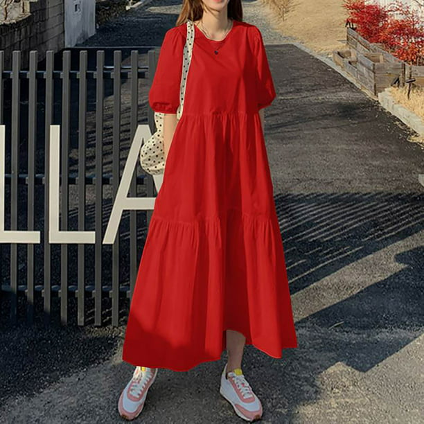 Vestidos Mujer Midi Vestidos Cuello Redondo Sueltos Manga Corta Media Pantorrilla Vestido Largo Odeerbi ODB153937 | Walmart en línea