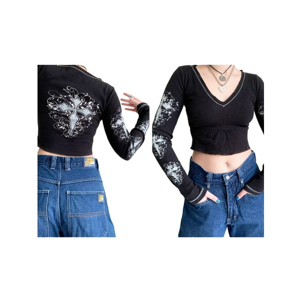 Lucakuins Prendas de Punto Femenina Patrones Estampados Cuello en V Manga Larga Crop Tops Pullover Lucakuins moda