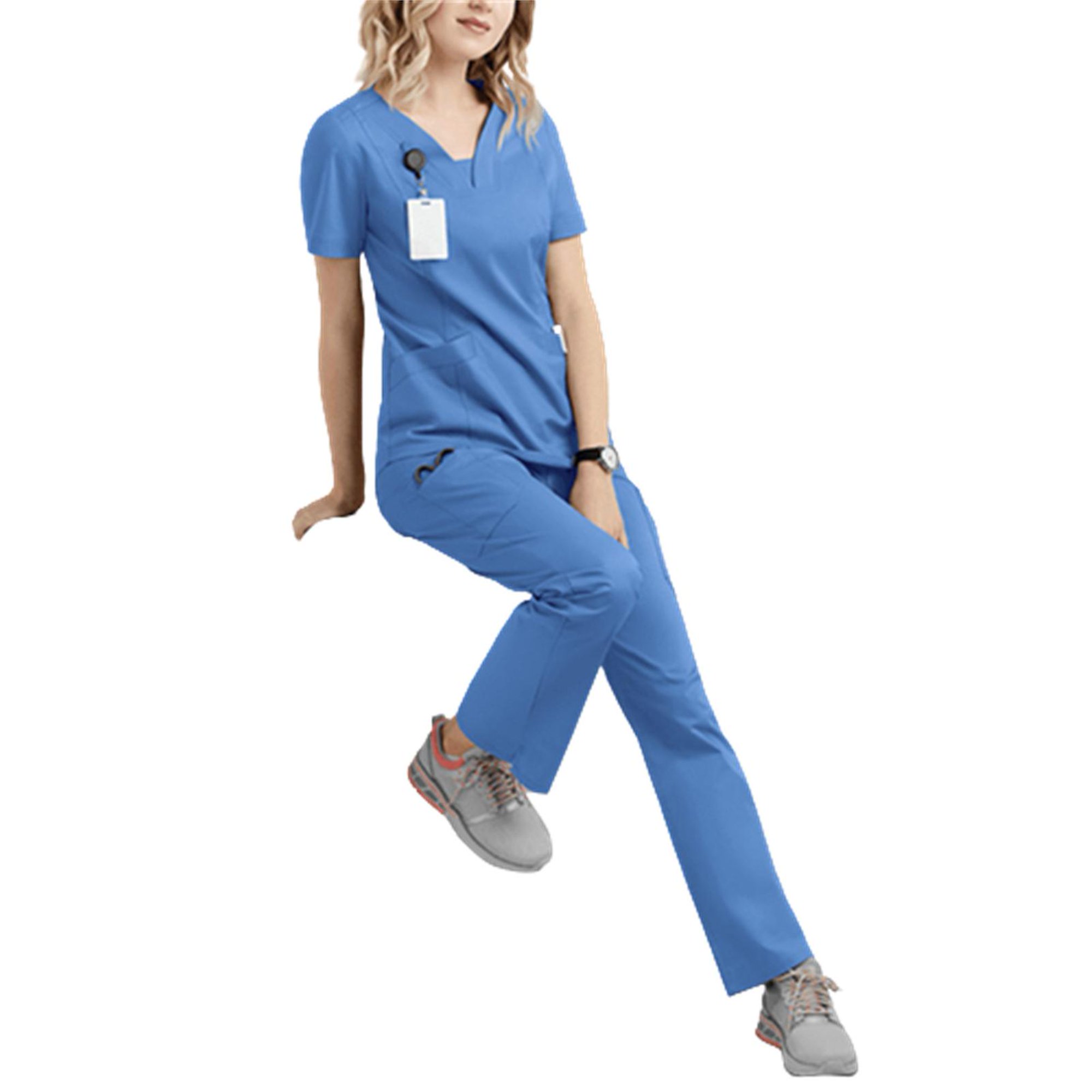 Scrubs Set For Women V Neck Short Sleeves Uniform With Pockets Non