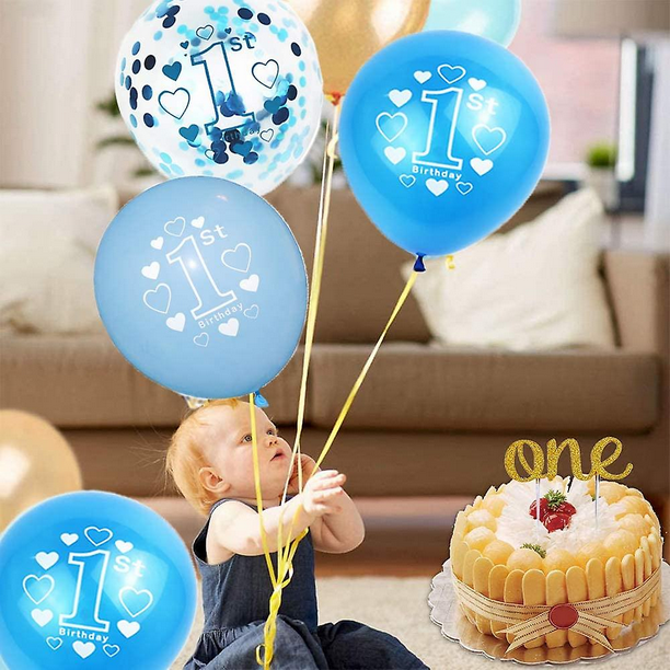 Decoración de cumpleaños de niño de 1 año, decoración de 1er cumpleaños,  globo de confeti azul compatible con 1er cumpleaños, cumpleaños de niños,  feliz cumpleaños brillar Electrónica