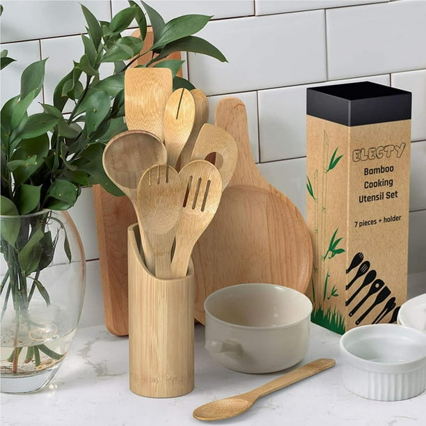 Set de 5 utensilios de cocina, madera de bambú, 30 cm, con soporte