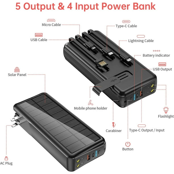 Power Bank 30000mAh Batería Externa Carga Rápida 20W PD Con Pantalla LED  Cargador Portátil con Cable