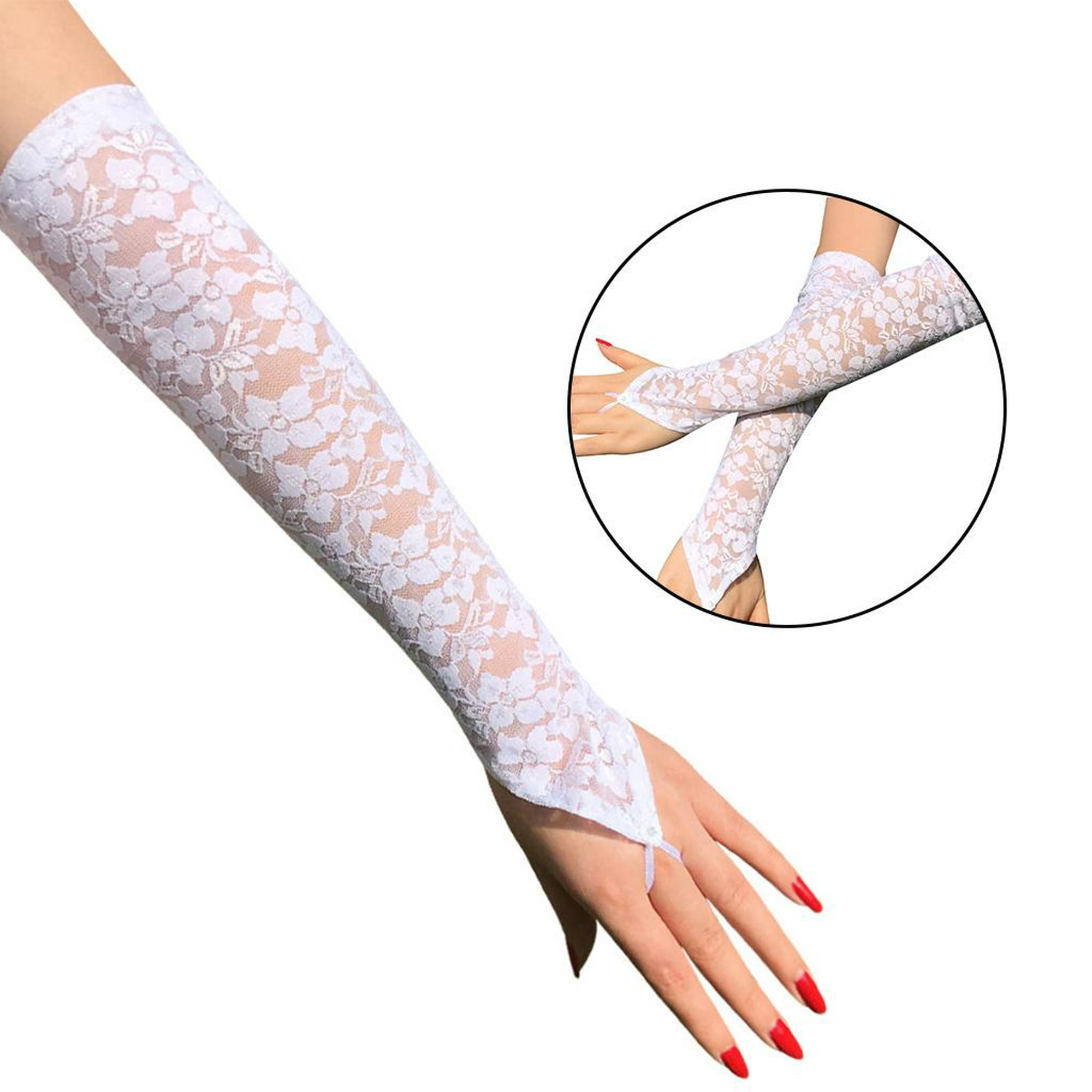 1 par de guantes blancos de encaje para mujer con medio dedo y borde floral, Mode de Mujer